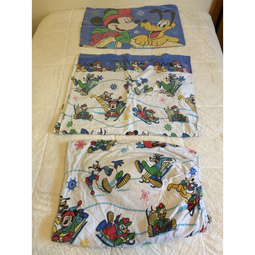 VTG 90s Disney Mickey Mouse Twin Flannel Sheet Set Winter Pluto Donald 3 piece